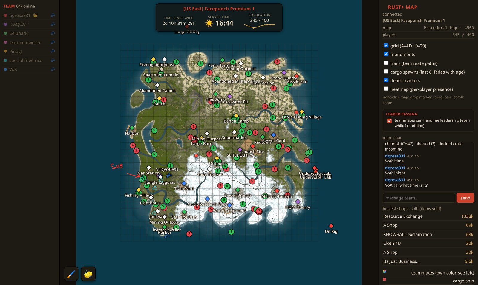 Rust Meadow — live squad map with monuments, shops, world events and a team panel